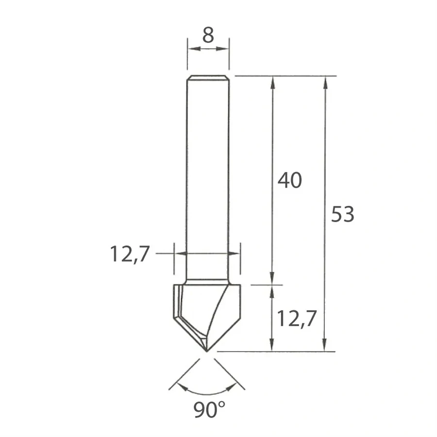 Fréza na V-drážku - 90° D12,7x12,7 L53 S=8 HW, M115-12781, IGM