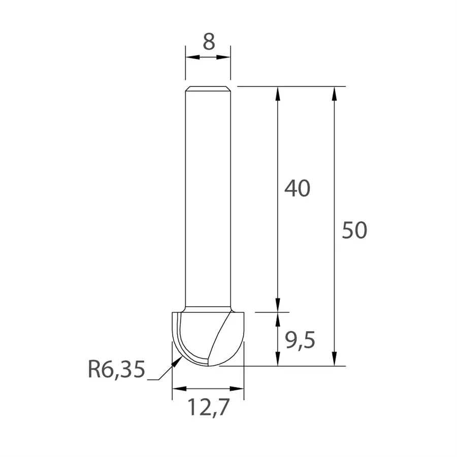 Čelní vypouklá fréza - R6,35 D12,7x9,5 L50 S=8 HW, M114-06381, IGM