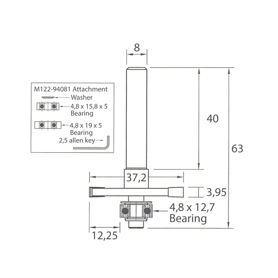 Talířová fréza pro lamelové spoje sada - D37,2x3,95 H12,25 L63 S=8 HW, M122-94081, IGM