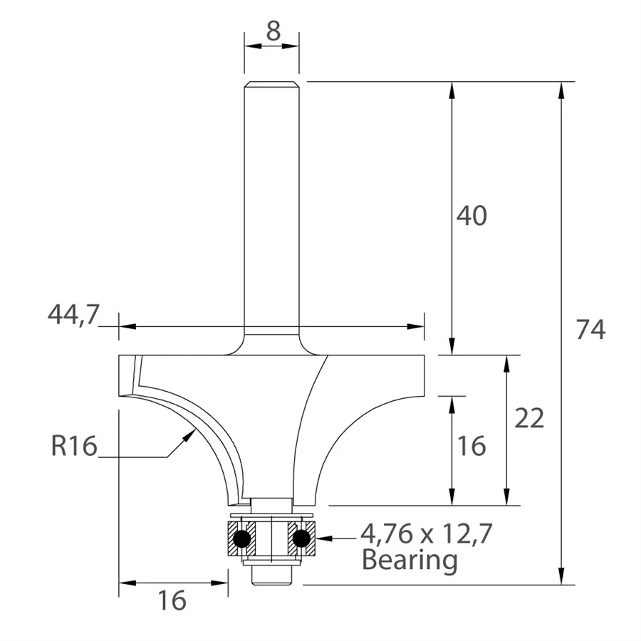 Zaoblovací fréza vydutá - R16 D44,7x22 L74 S=8 HW, M138-16081, IGM