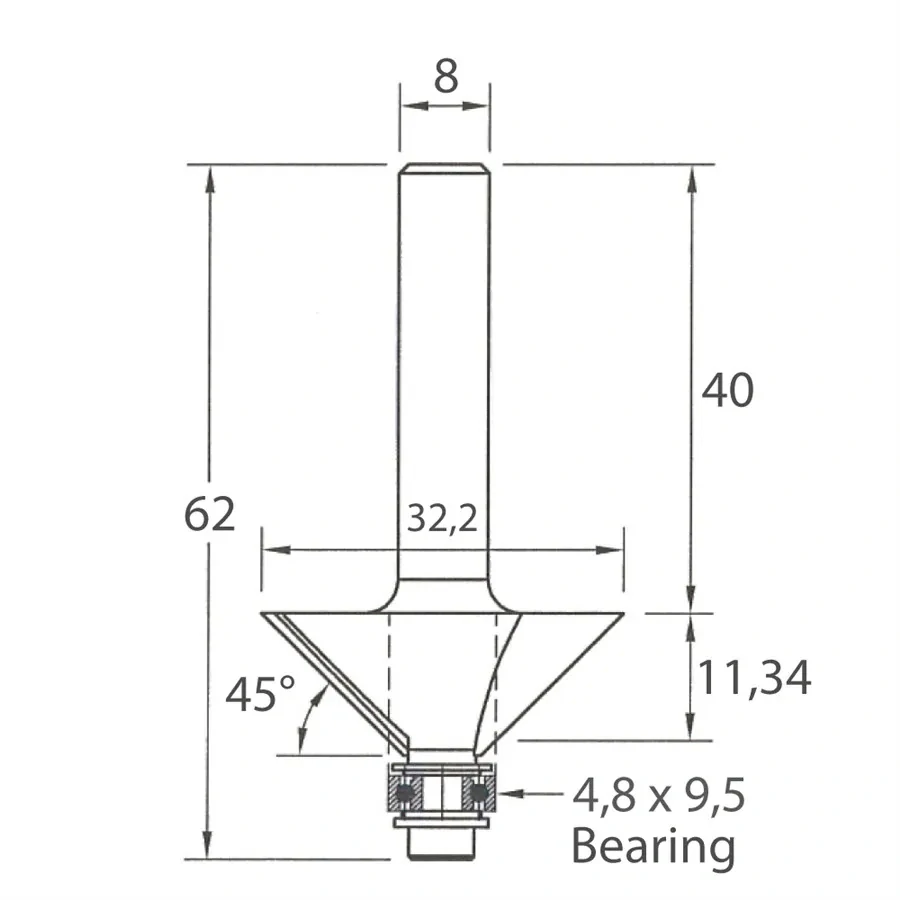 Úhlová fréza s ložiskem - 45° D32,2x11,34 L62 S=8 HW, M109-04581, IGM