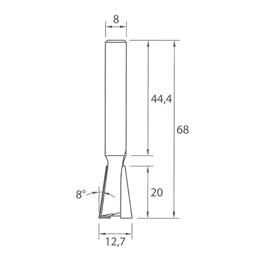 Fréza pro rybinový spoj - 8° D12,7x20 L68 S=8 HW, M118-12981, IGM