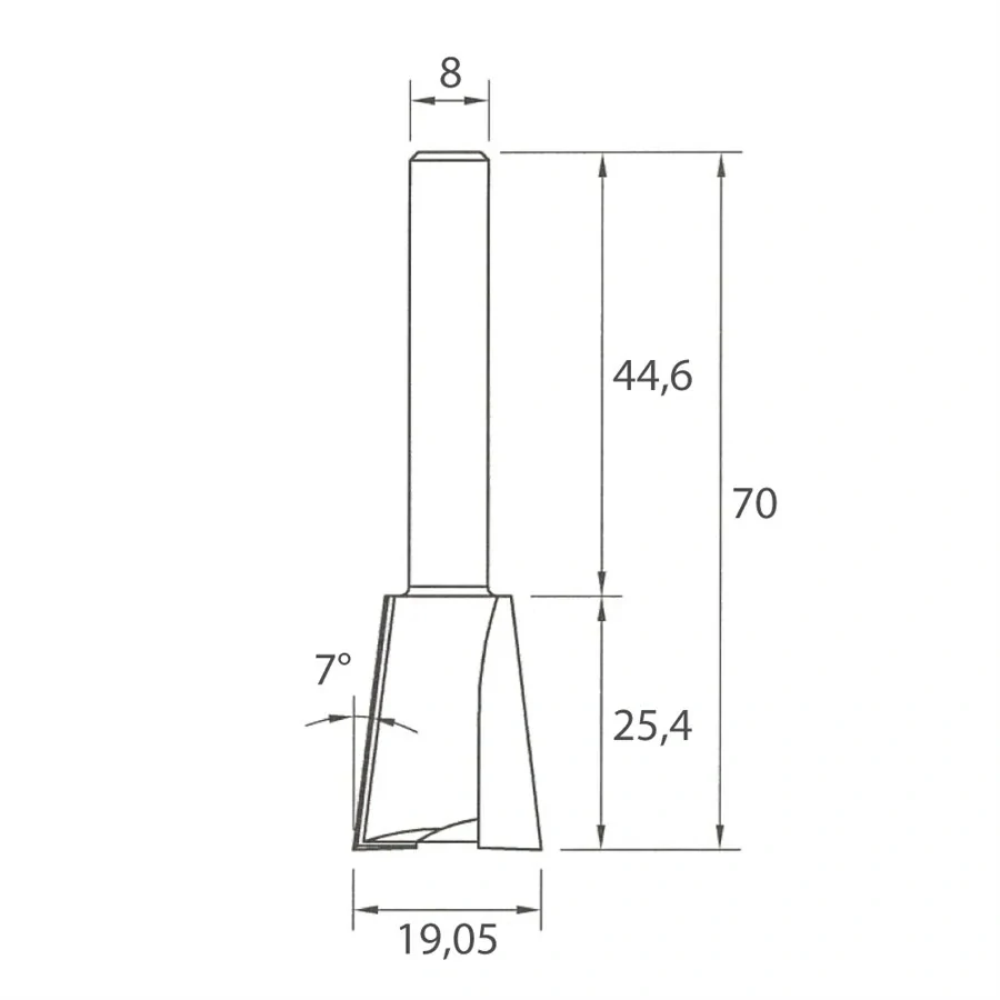 Fréza pro rybinový spoj - 7° D19,05x25,4 L70 S=8 HW, M118-19081, IGM
