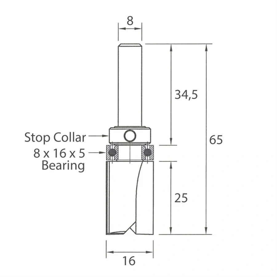 Drážkovací fréza s ložiskem - D16x25 L65 S=8 HW, M112-16081, IGM