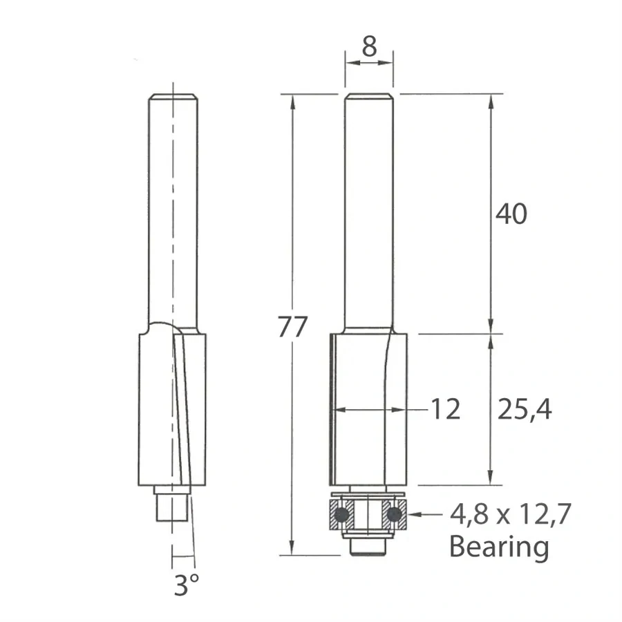 Ořezávací fréza se šikmým zubem - D12,7x25,4 L77 S=8 HW, M107-12781, IGM