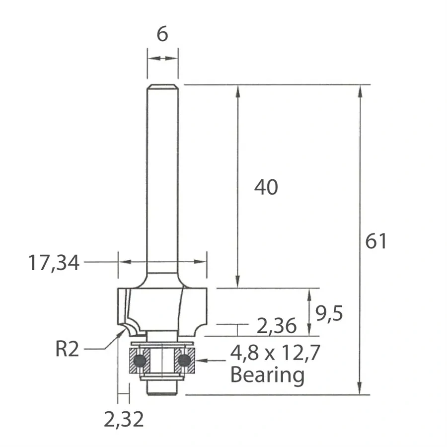 Zaoblovací fréza vydutá - R2 D17,34x9,5 L61 S=6 HW, M138-02061, IGM
