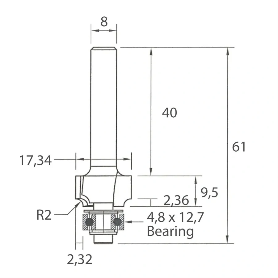 Zaoblovací fréza vydutá - R2 D17,34x9,5 L61 S=8 HW, M138-02081, IGM