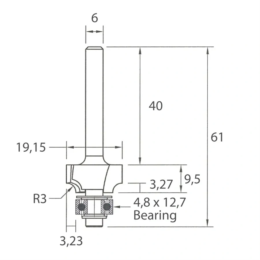 Zaoblovací fréza vydutá - R3 D19,15x9,5 L61 S=6 HW, M138-03061, IGM
