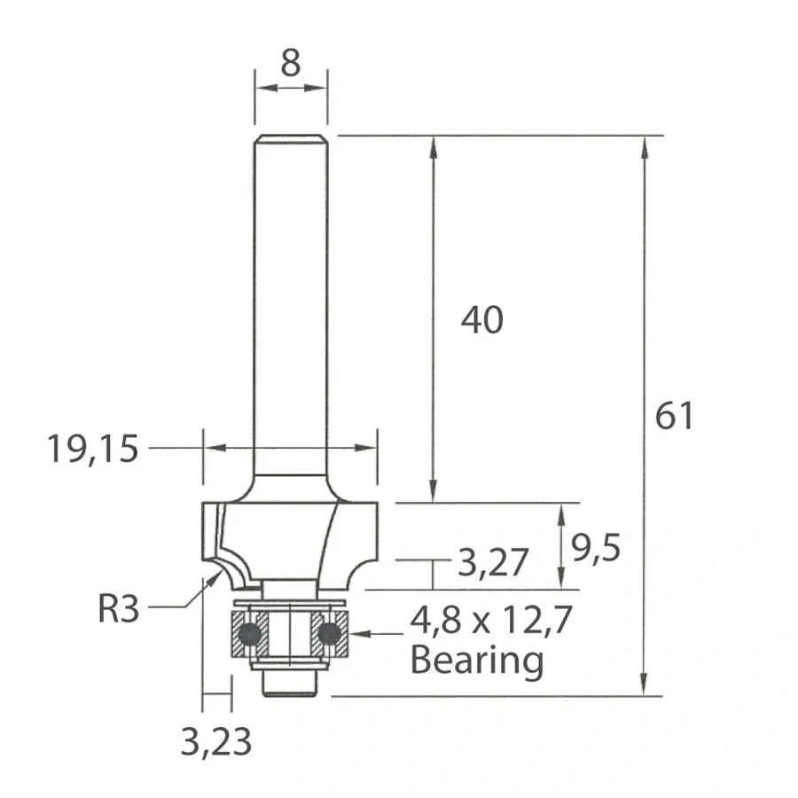 Zaoblovací fréza vydutá - R3 D19,15x9,5 L61 S=8 HW, M138-03081, IGM