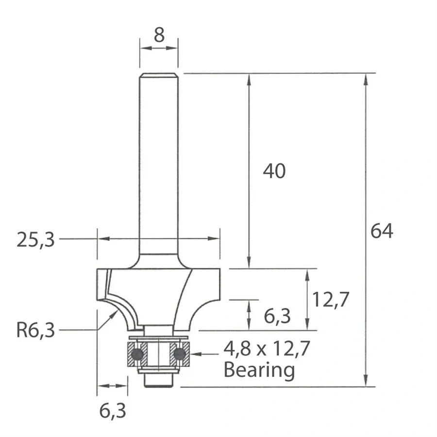 Zaoblovací fréza vydutá - R6,3 D25,3x12,7 L64 S=8 HW, M138-06381, IGM