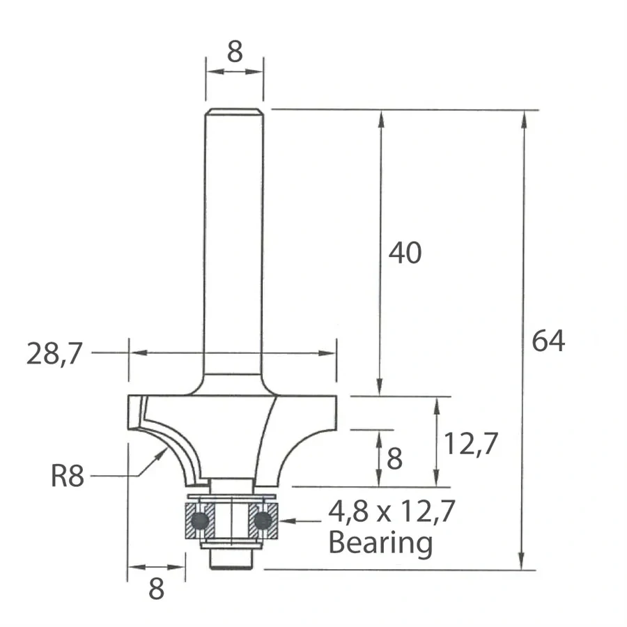 Zaoblovací fréza vydutá - R8 D28,7x12,7 L64 S=8 HW, M138-08081, IGM