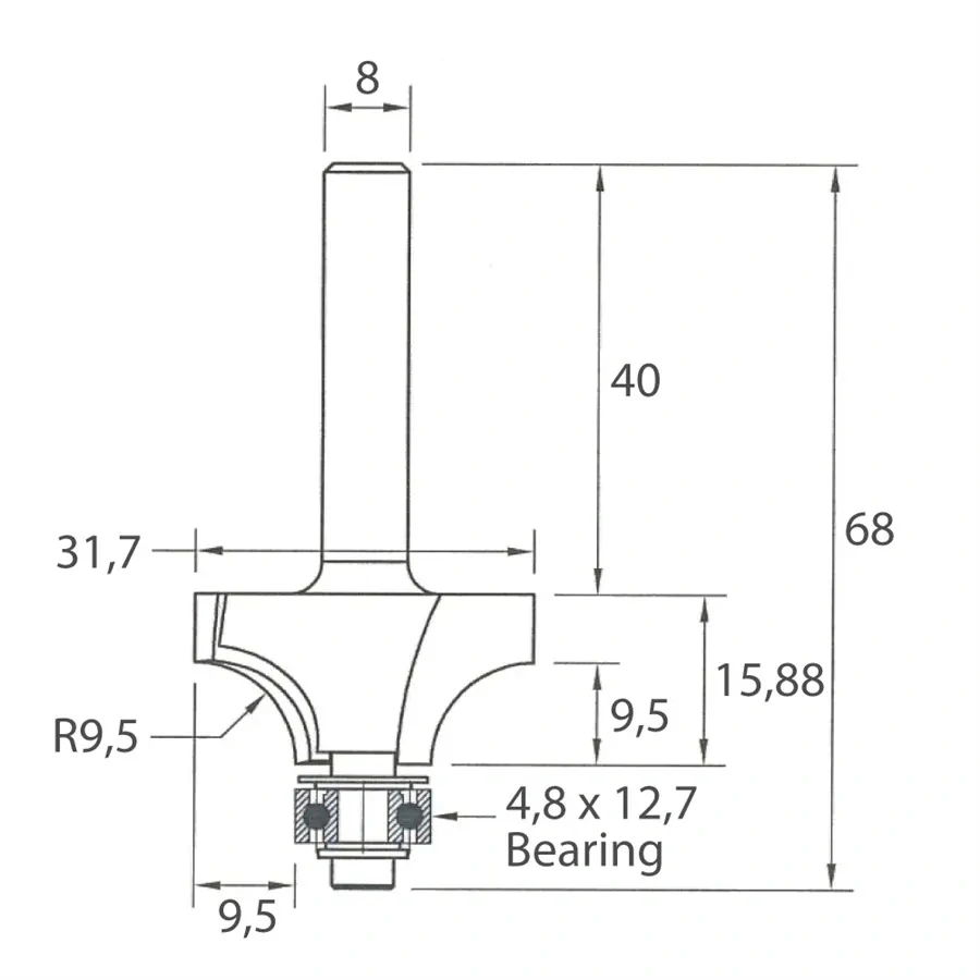 Zaoblovací fréza vydutá - R9,5 D31,7x15,88 L68 S=8 HW, M138-09581, IGM